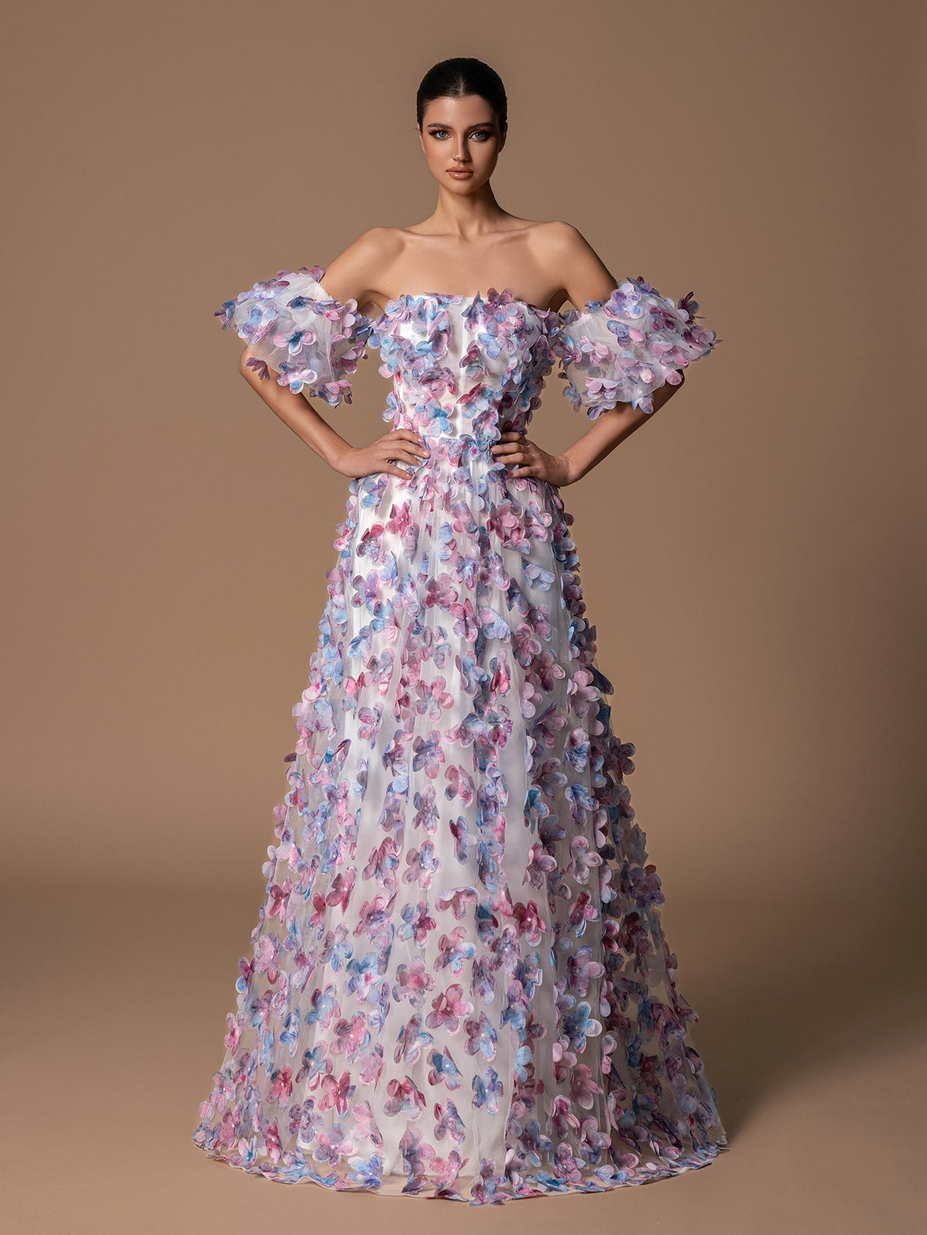 Luxury Off-the-Shoulder Floral Print Evening Gown with Puff Sleeves & High-Slit A-Line Skirt for Prom Dresses