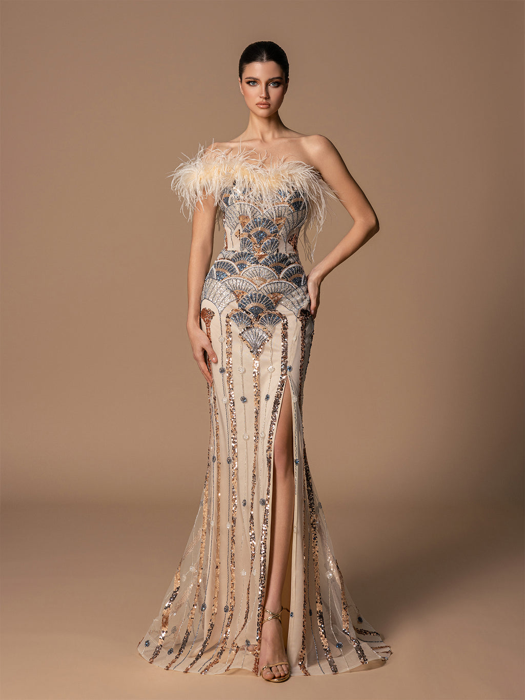 Feather Tube Top Fan-shaped Beaded Sequins High Slit Evening Dresses