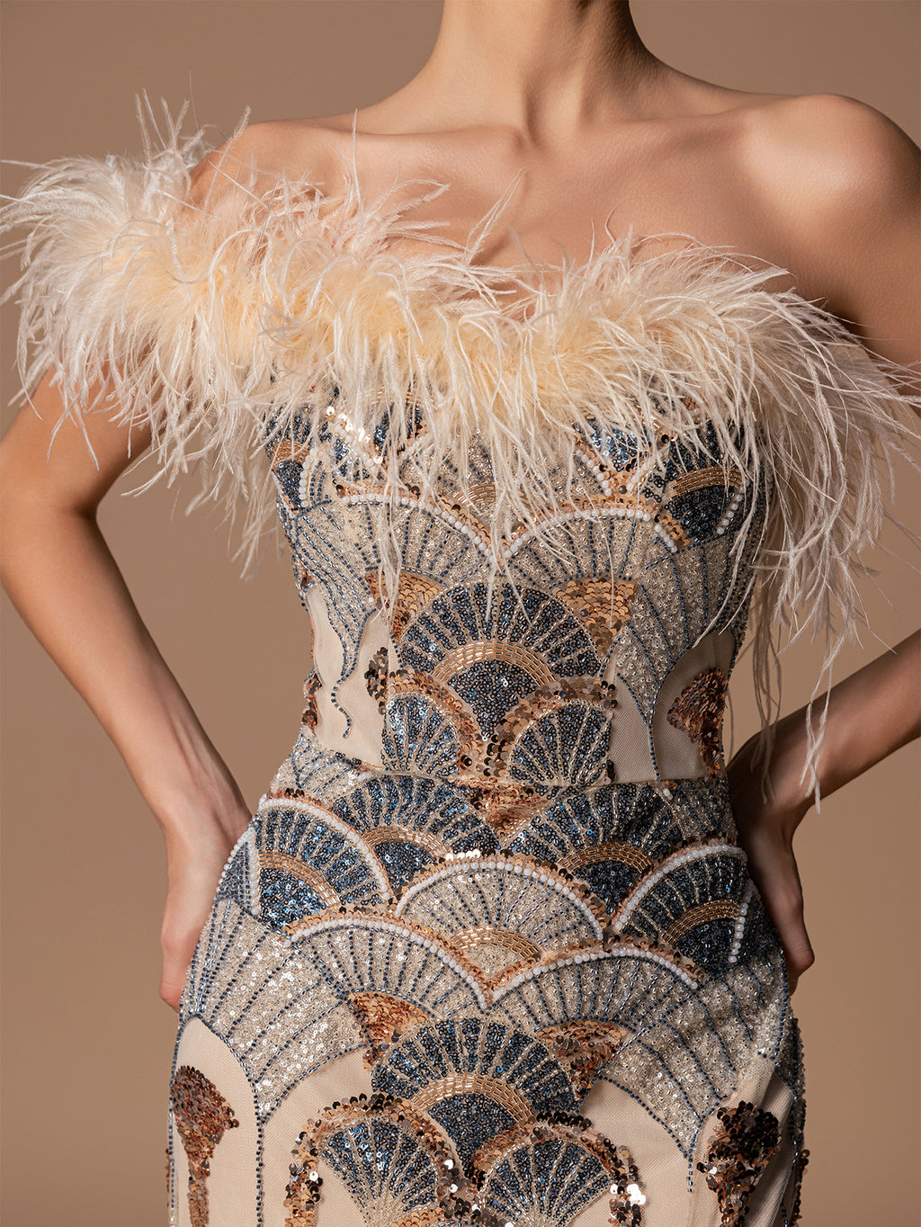 Feather Tube Top Fan-shaped Beaded Sequins High Slit Evening Dresses