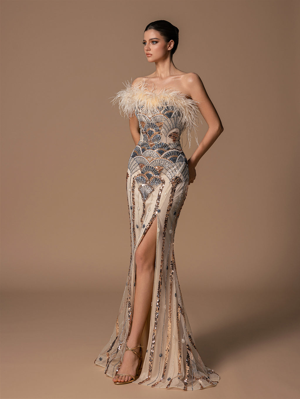 Feather Tube Top Fan-shaped Beaded Sequins High Slit Evening Dresses
