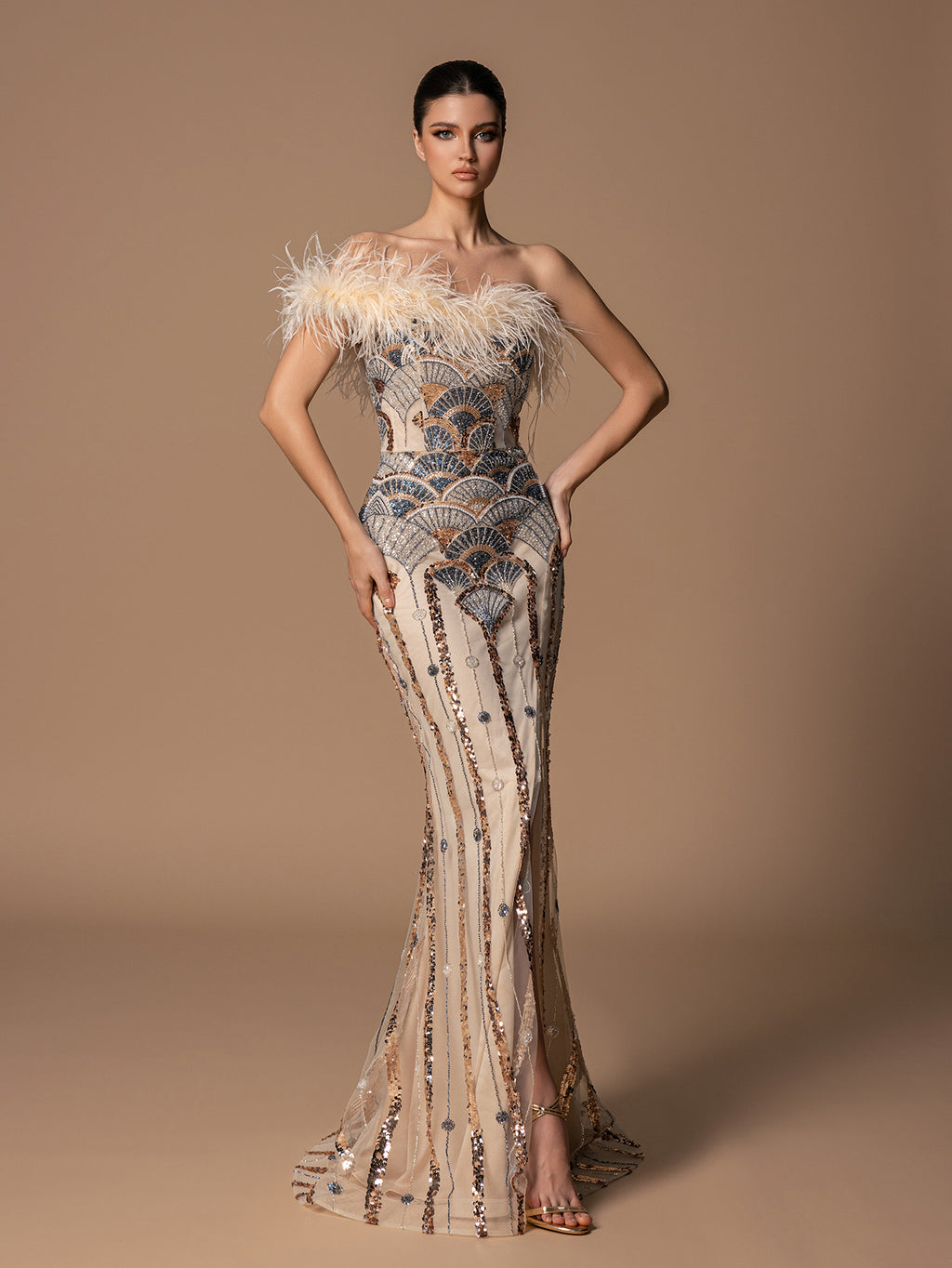 Feather Tube Top Fan-shaped Beaded Sequins High Slit Evening Dresses
