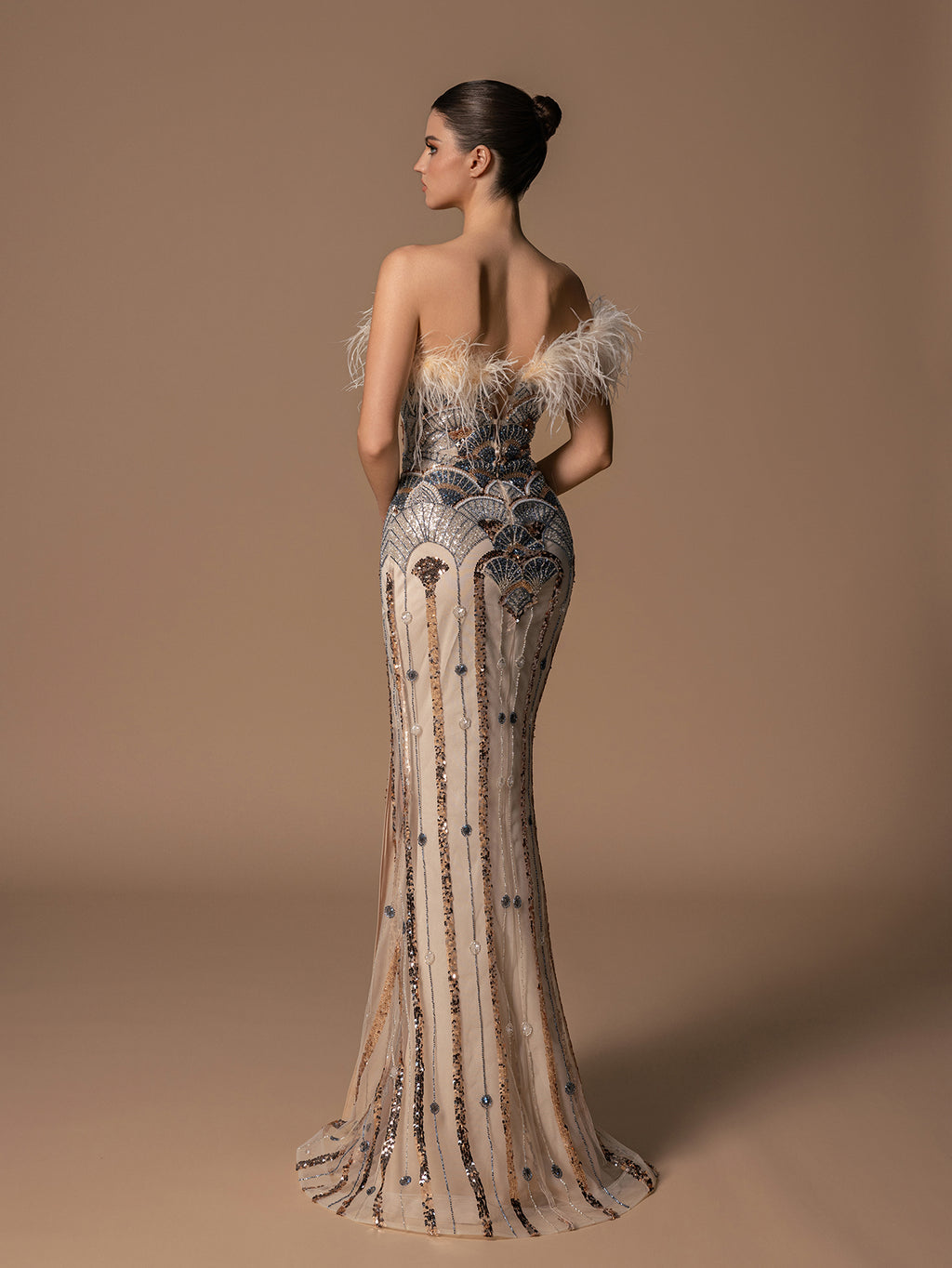 Feather Tube Top Fan-shaped Beaded Sequins High Slit Evening Dresses