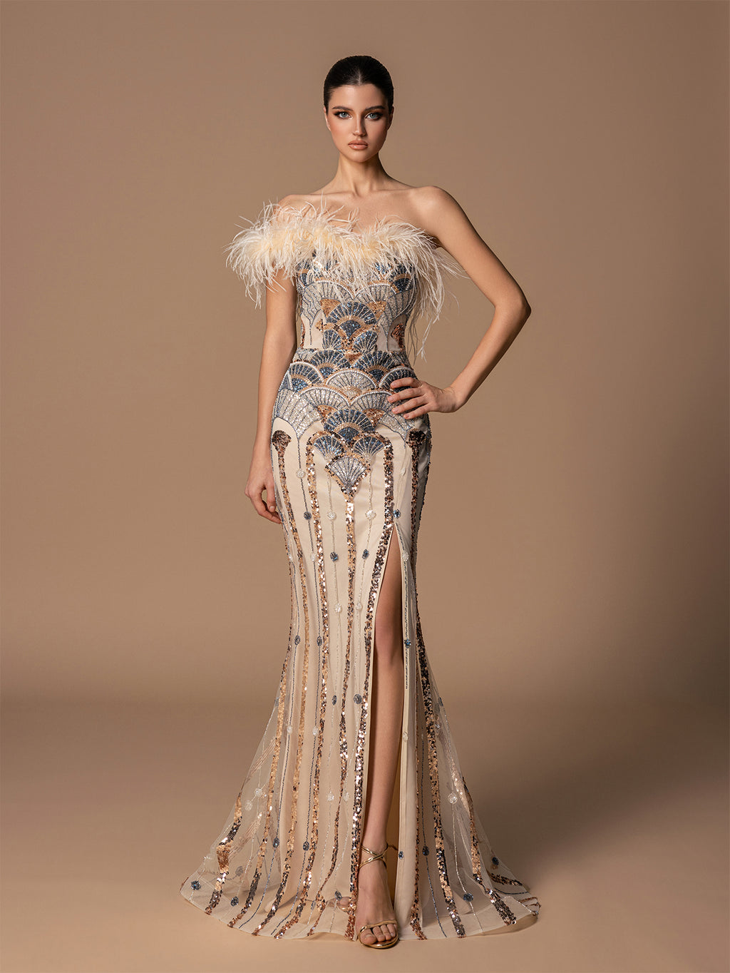 Feather Tube Top Fan-shaped Beaded Sequins High Slit Evening Dresses