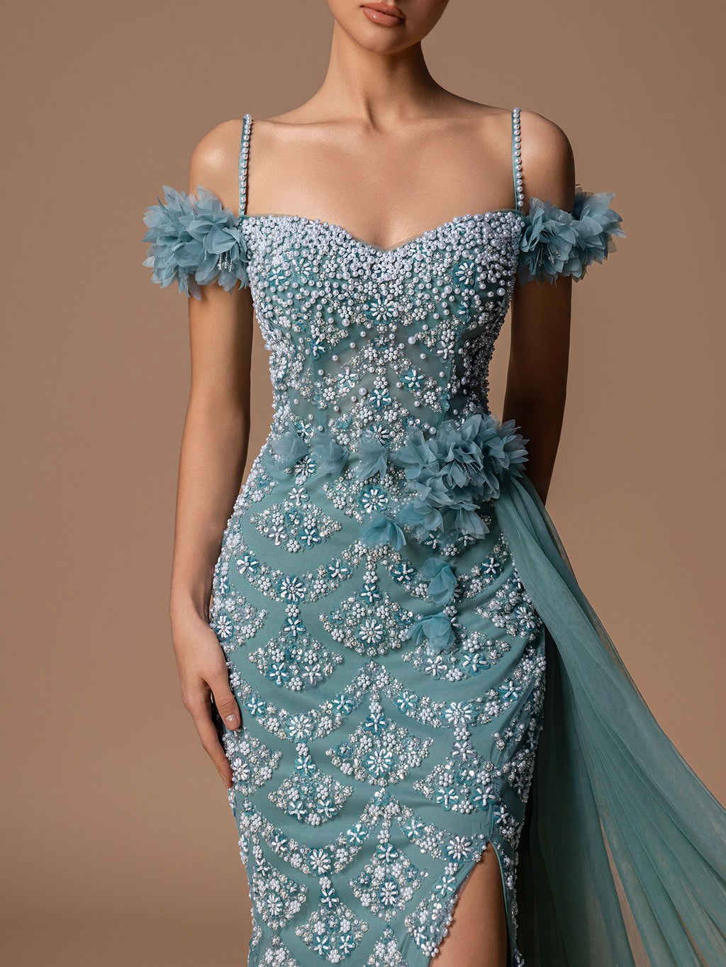 Gorgeous Off-Shoulder Beaded Pearl Evening Gown With Side Draping & High Slit, Elegant Prom Dresses