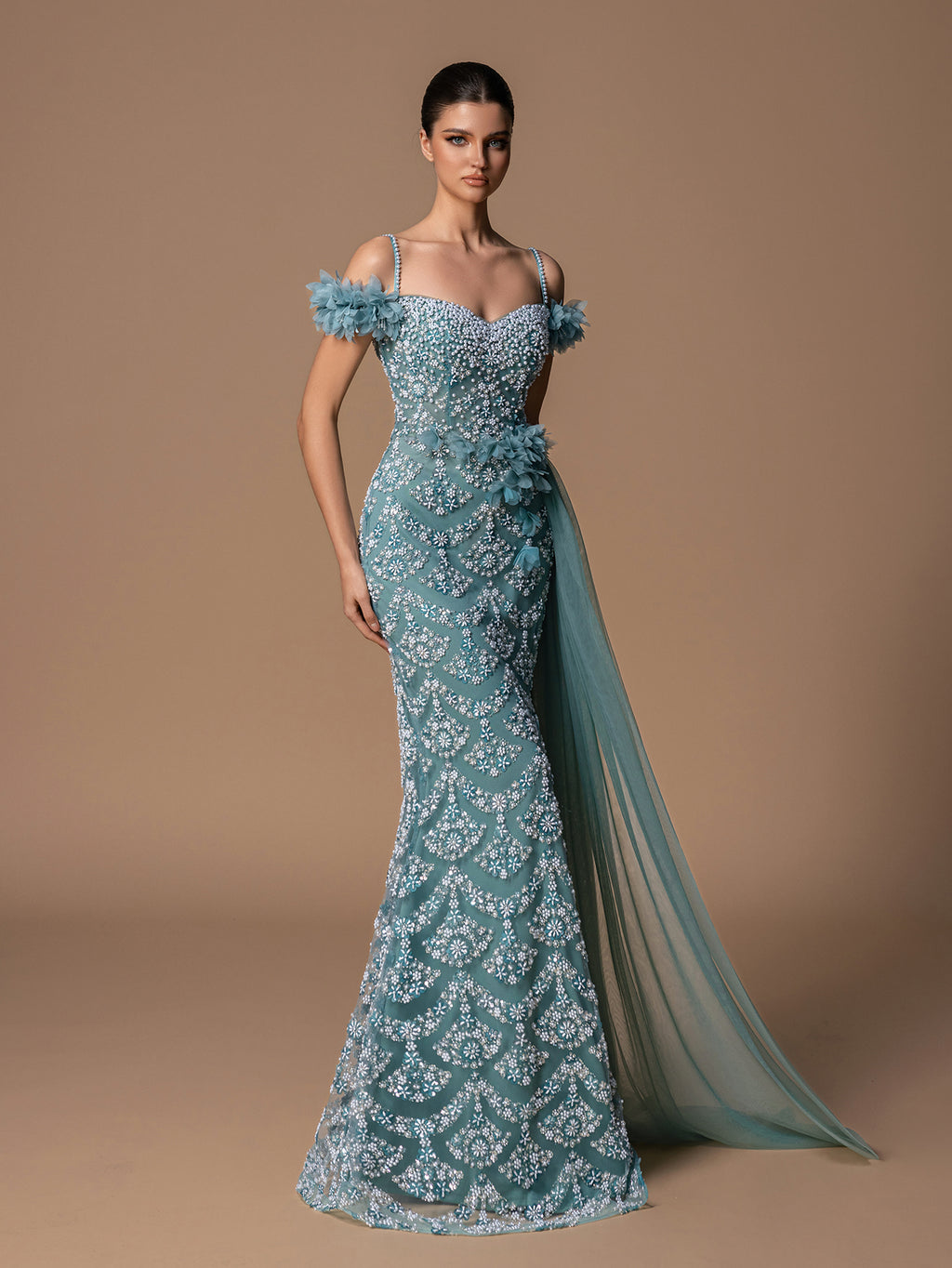 Gorgeous Off-Shoulder Beaded Pearl Evening Gown With Side Draping & High Slit, Elegant Prom Dresses