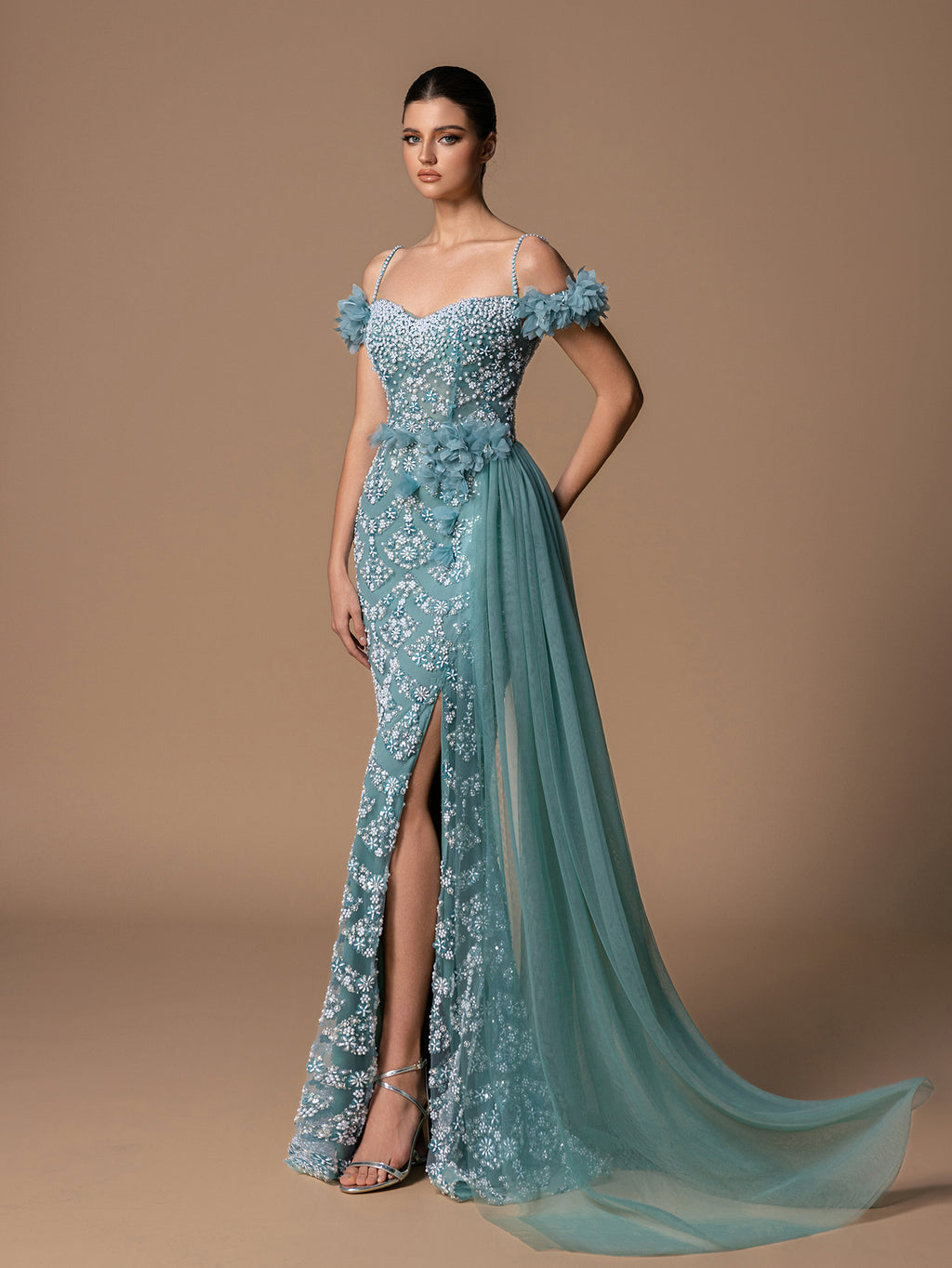 Gorgeous Off-Shoulder Beaded Pearl Evening Gown With Side Draping & High Slit, Elegant Prom Dresses