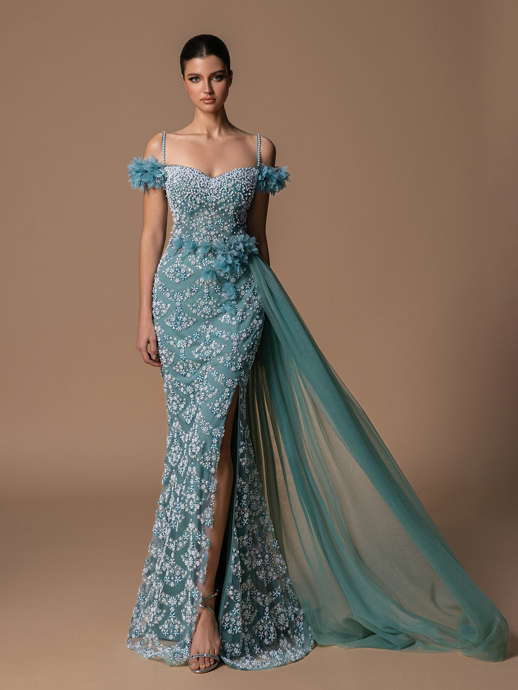 Gorgeous Off-Shoulder Beaded Pearl Evening Gown With Side Draping & High Slit, Elegant Prom Dresses