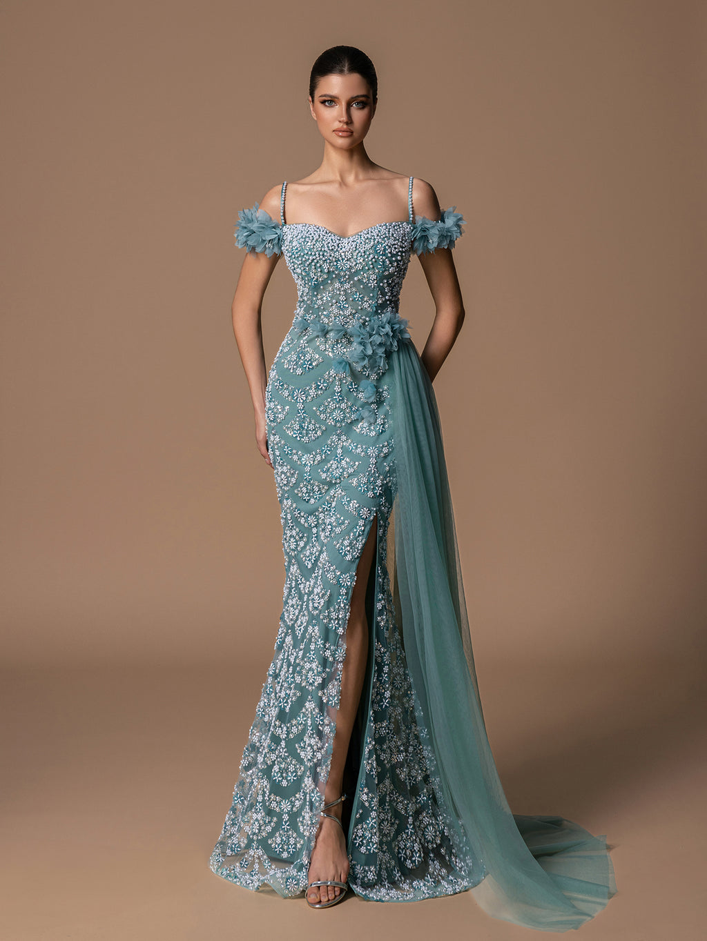 Gorgeous Off-Shoulder Beaded Pearl Evening Gown With Side Draping & High Slit, Elegant Prom Dresses