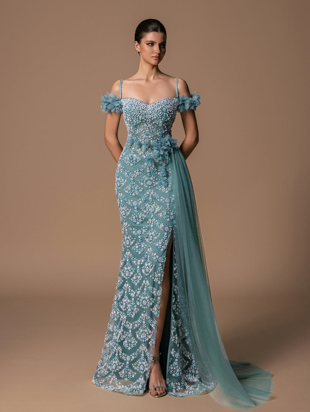 Gorgeous Off-Shoulder Beaded Pearl Evening Gown With Side Draping & High Slit, Elegant Prom Dresses