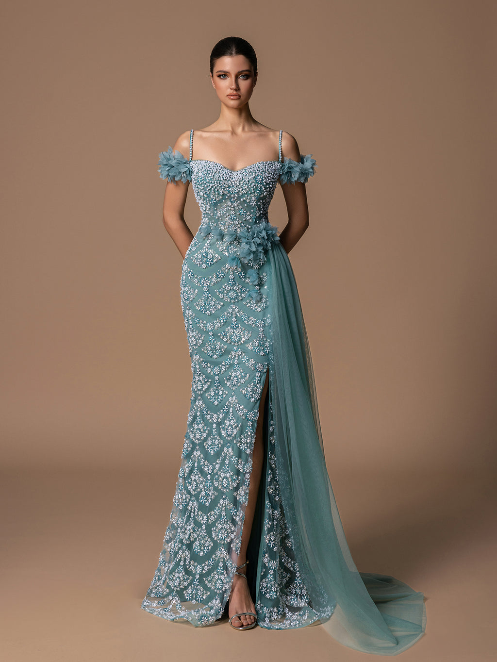 Gorgeous Off-Shoulder Beaded Pearl Evening Gown With Side Draping & High Slit, Elegant Prom Dresses