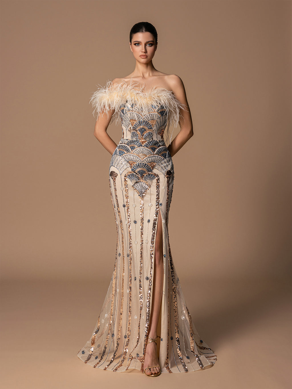 Feather Tube Top Fan-shaped Beaded Sequins High Slit Evening Dresses