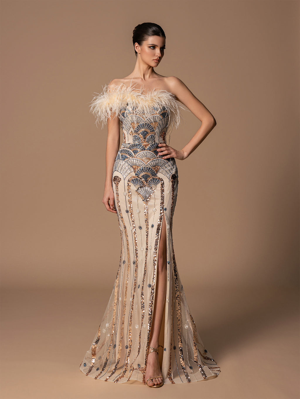 Feather Tube Top Fan-shaped Beaded Sequins High Slit Evening Dresses